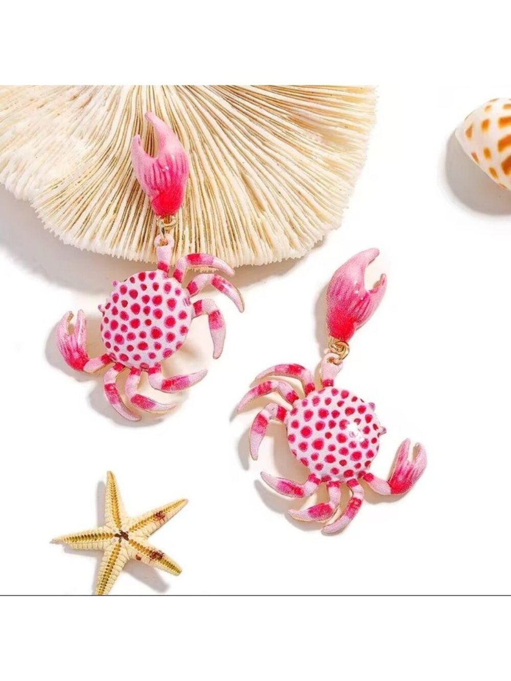 Pink Crab Dot Gold Earrings | Coastal Summer Ocean Jewelry |Beach Vacation Cute